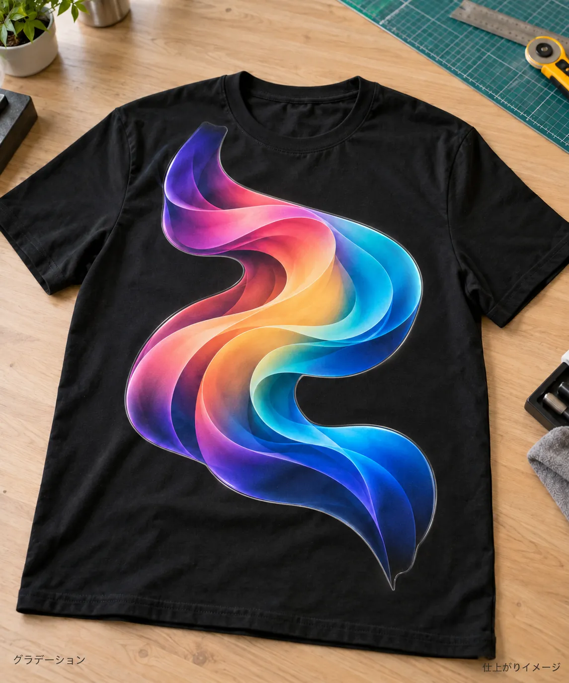 黒Tシャツにグラデーションデザインを転写プリントした見本
