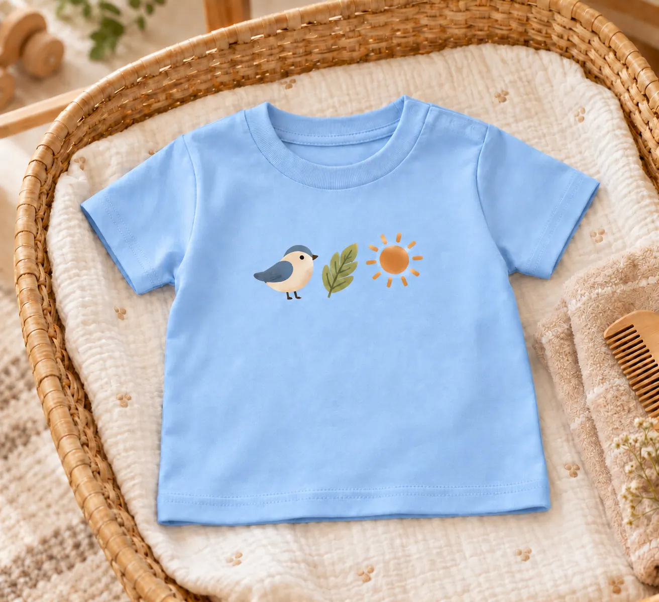 制作サンプル：ベビーTシャツ（ライトブルー）（胸に鳥・葉・太陽のイラストを並べてプリント）