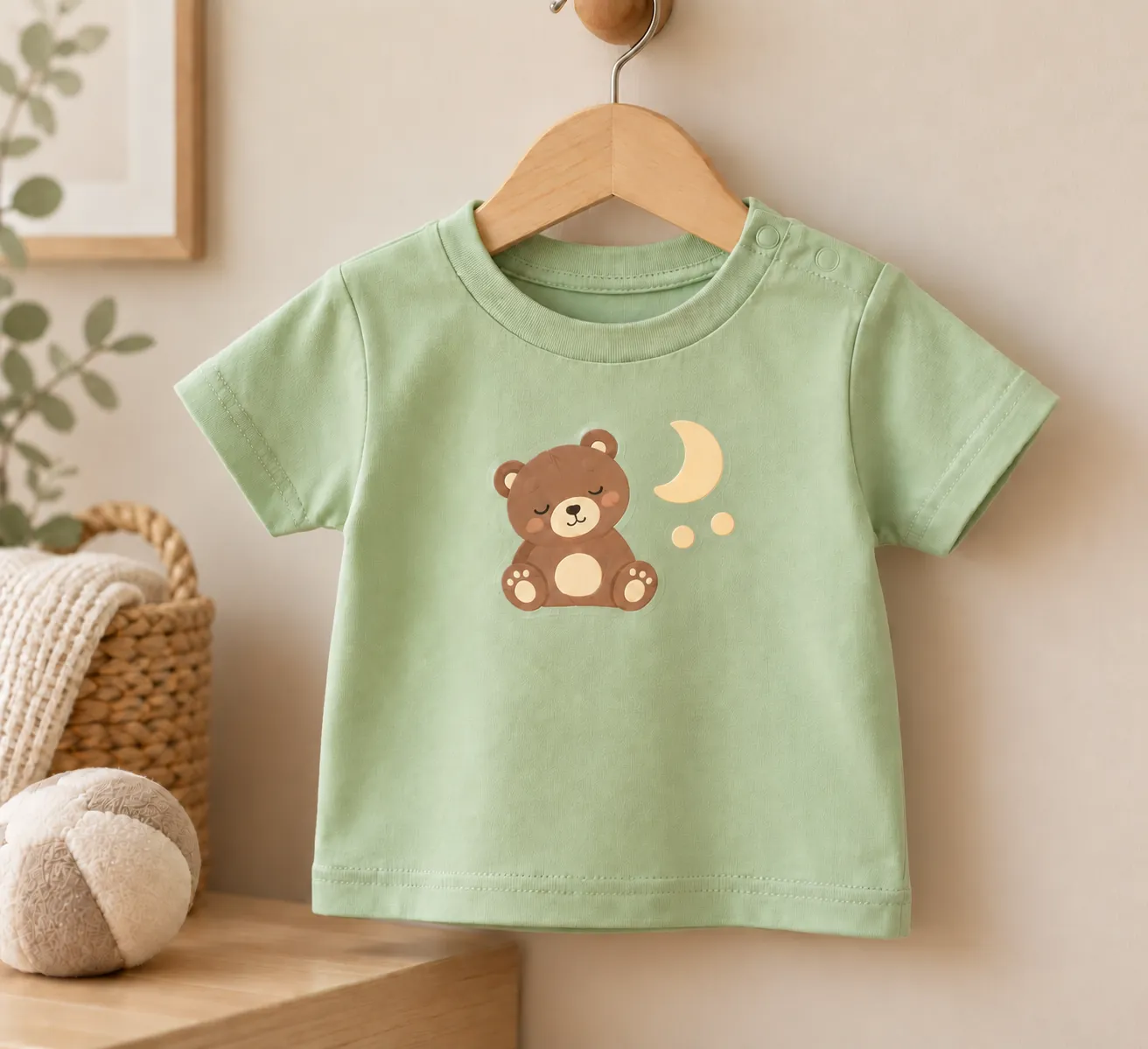 制作サンプル：ベビーTシャツ（ライトグリーン）（胸にクマと月のイラストをプリント）