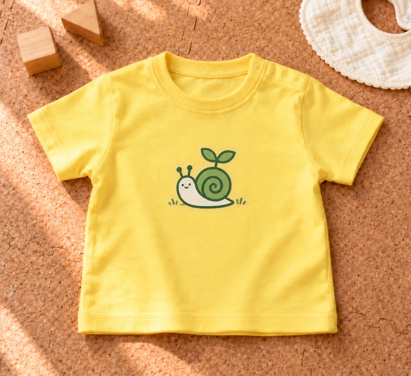 制作サンプル：ベビーTシャツ（イエロー）（胸にカタツムリのイラストをプリント）