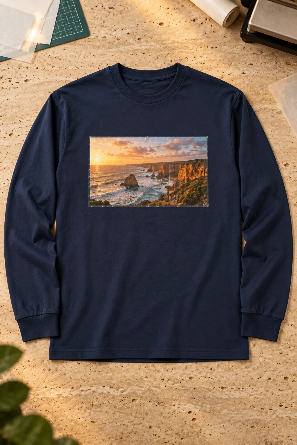制作サンプル：長袖Tシャツ（ネイビー）（胸に海岸の風景写真をプリント）