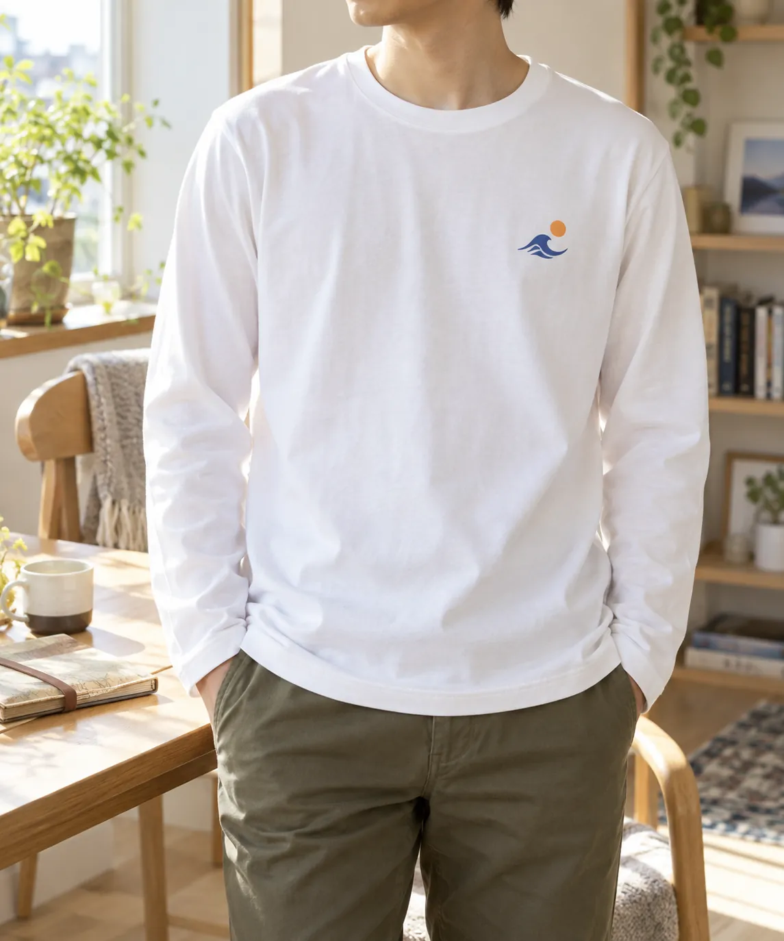 制作サンプル：長袖Tシャツ（ホワイト）（左胸に波と朝日のワンポイントをプリント）